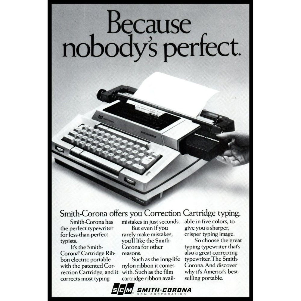 1978 SCM Because Nobody's Perfect Vintage Print Ad Cartridge Typewriter